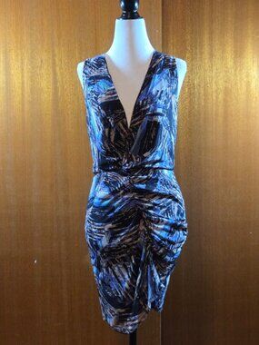 MYNE by Ashley Ann Blue Abstract Print 100% Silk Ruched Mini Dress - Size 0